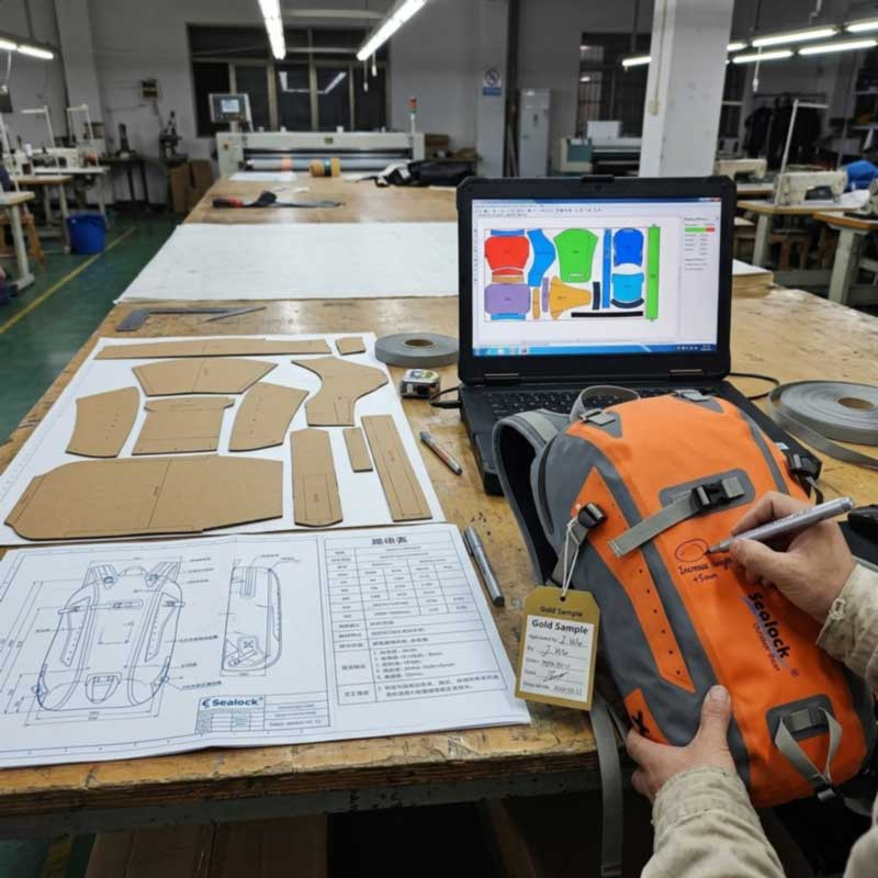 Waterproof backpack pattern making, marker layout and first sample under review before approval