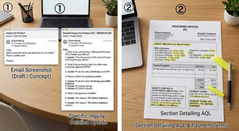 Vague versus specific progress questions, and a pro forma invoice with milestone dates, inspection points and payment terms highlighted